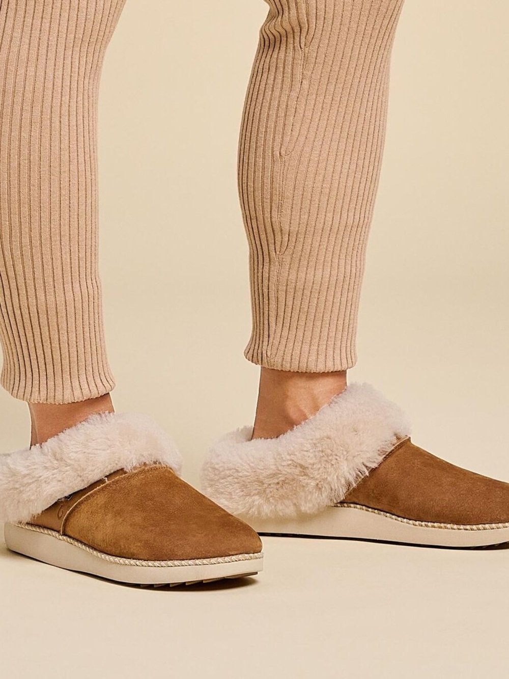 OluKai Women's Chestnut and Cream Shearling Slippers - Picture 3 of 13